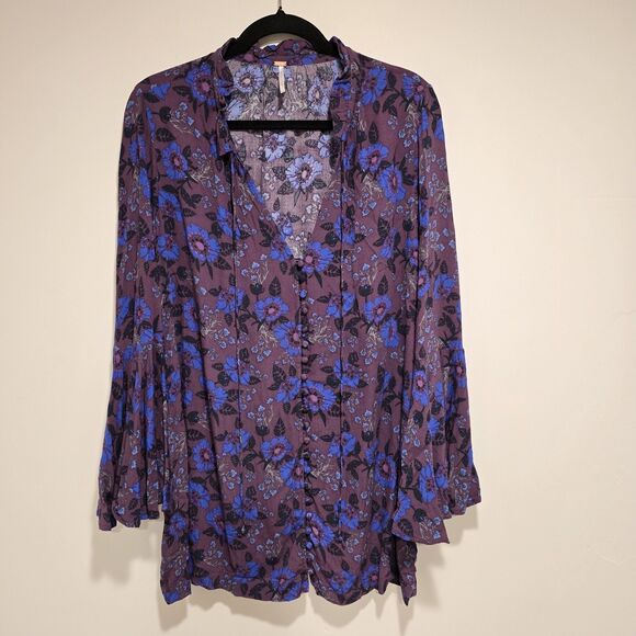 Free People Magic Mystery Tunic Top Dress XS Purple Floral Bell Sleeve Tie Neck - Picture 2 of 11